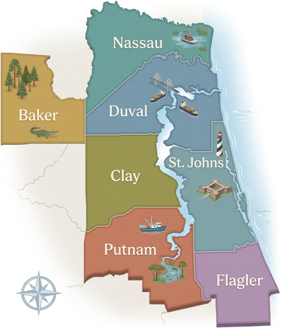 Illustrated map of Northeast Florida counties: Nassau, Duval, Baker, Clay, St. Johns, Putnam, and Flagler.